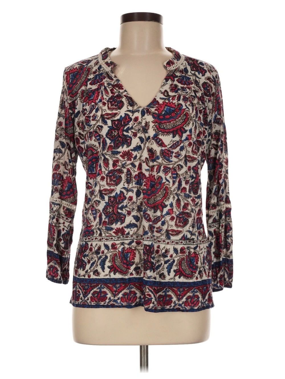 Lucky Brand Red Blue Paisley Boho Long Sleeve V-Neck Tunic Sz M